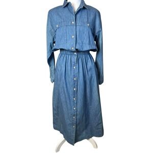 Vtg Denim Midi Dress Elastic Waist Button Front Size 12 Cotton Pockets Western